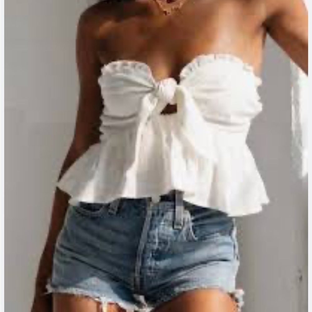 Princess Polly Off White Linen Blend Strapless Crop Top